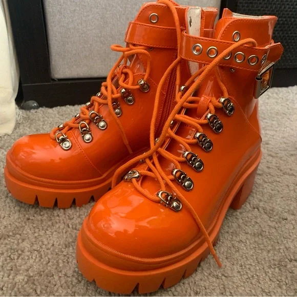 Jeffrey Campbell Czech Orange Lace-Up Ankle Boots faux leather 6M - Picture 2 of 9
